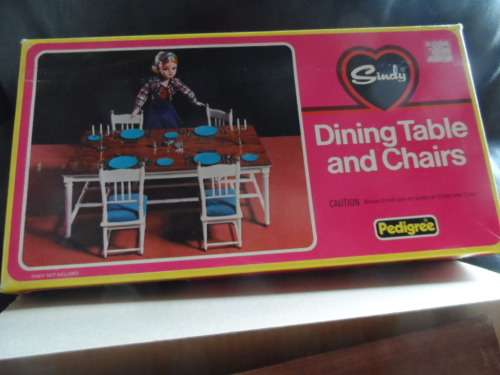 Vintage 44527 Sindy Pedigree Dining table and chairs and accessories never been played with