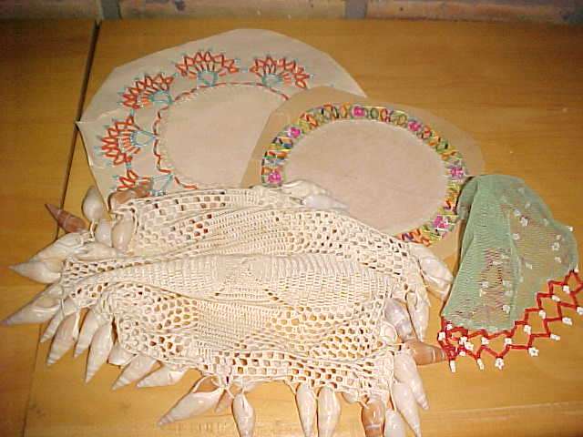 OLD SHELL AND BEADED DOILIES.