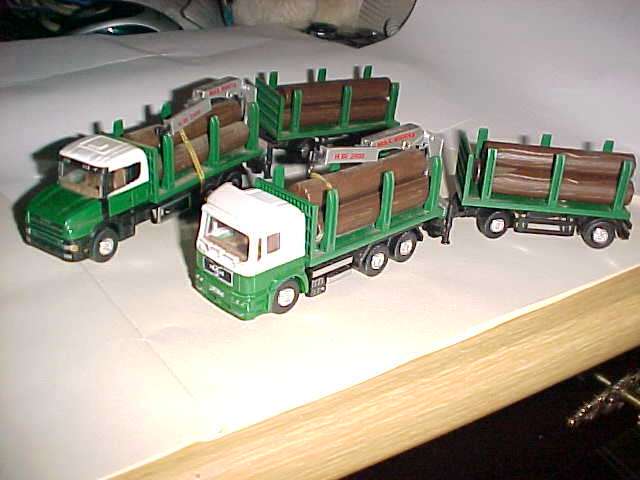 TWO LOGGING TRUCKS WITH TRAILERS, ABOUT OO SCALE [B1]