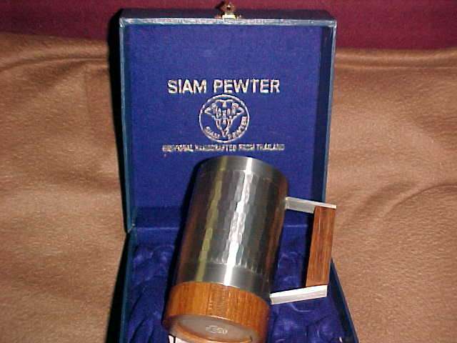 Siam Pewter mug with wood handle and base and still in presentation box.  STUNNING!!