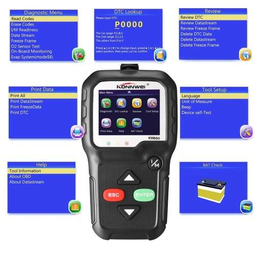 KONNWEI KW680 Code Reader Diagnostic Scanner Full OBDII EOBD Functions