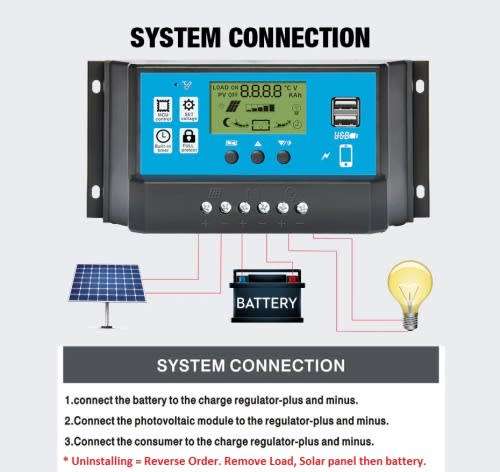 Solar Charge Controller Regulator 12/24V 30A with Display USB