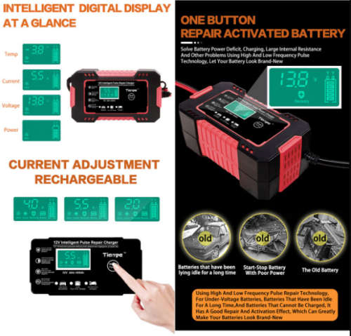 RJtianye Smart Battery Charger 12V 6A Intelligent Pulse Repair Charger