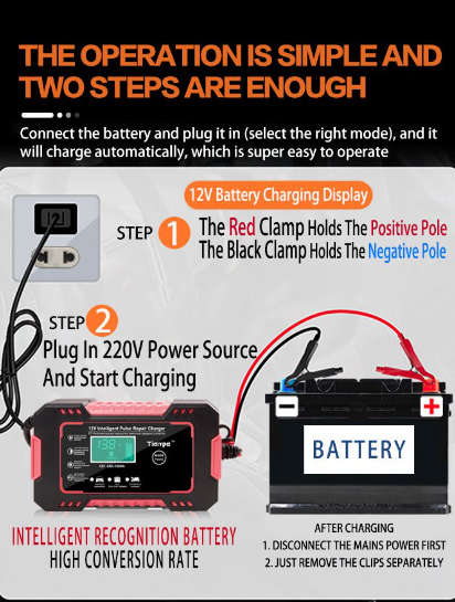 RJtianye Smart Battery Charger 12V 6A Intelligent Pulse Repair Charger