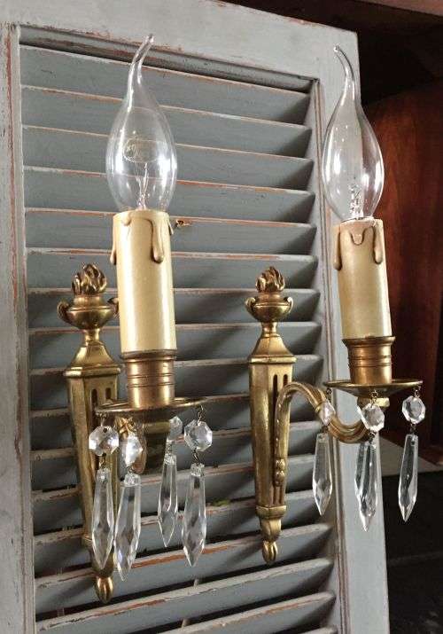 Vintage French bronze and crystal wall lights sconces pair