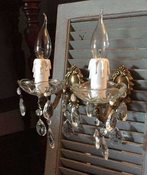 Lovely pair vintage French wall chandeliers / sconces with crystals