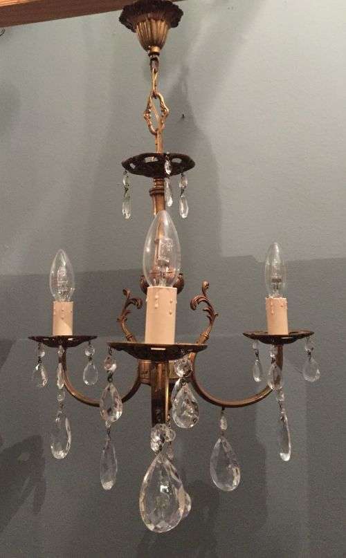 Vintage three light French bronze and glass chandelier