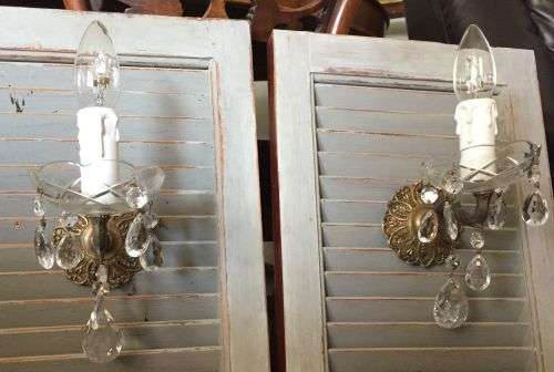 Vintage pair of brass and glass wall sconces / chandeliers