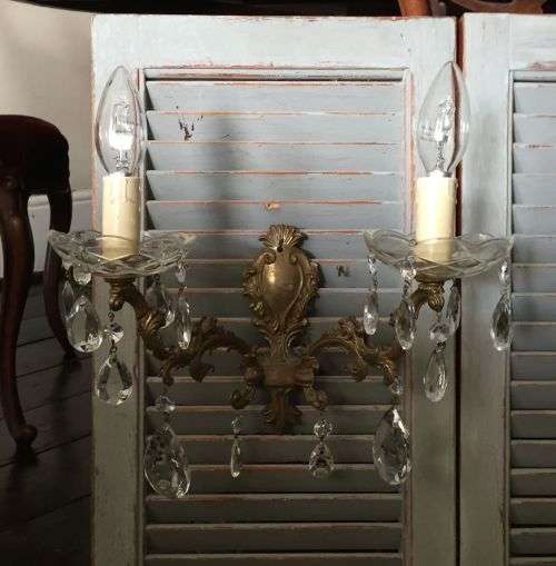 Vintage French double bronze and glass sconce / chandelier