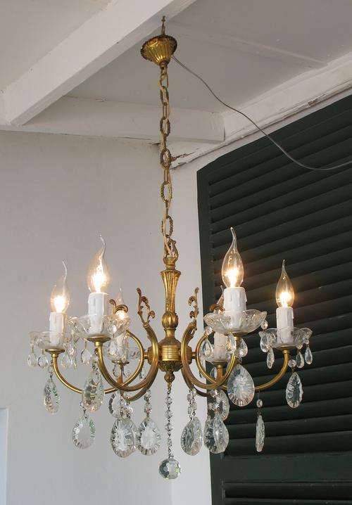 Large vintage brass and crystal chandelier with six lights