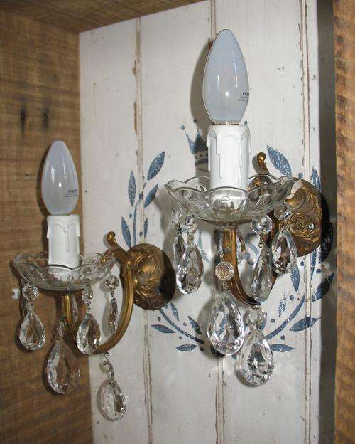 Vintage brass wall light pair with crystal drops