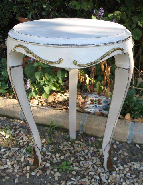 Vintage wooden French-style grey painted side table with brass detail finishes