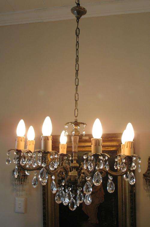 Stunning vintage French eight light bronze and crystal chandelier