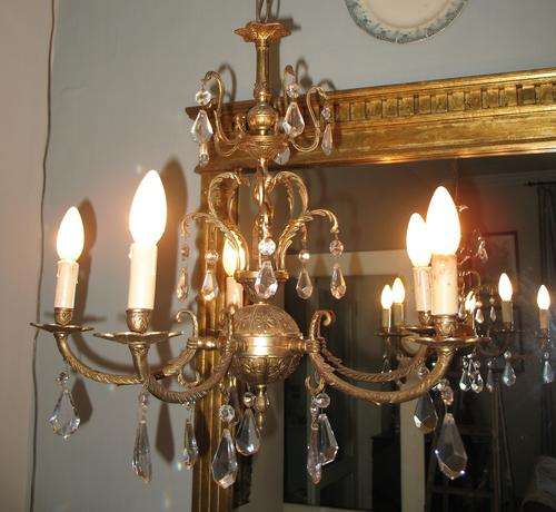 Unusual vintage brass and crystal large chandelier with figure