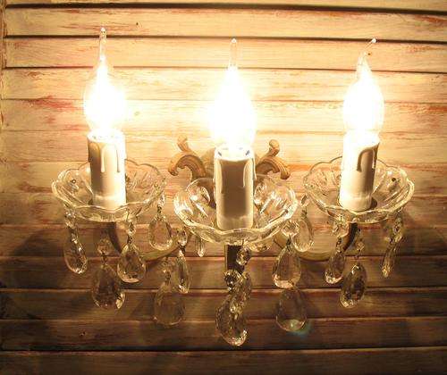 Vintage matching pair of French triple wall chandelier sconces with crystals