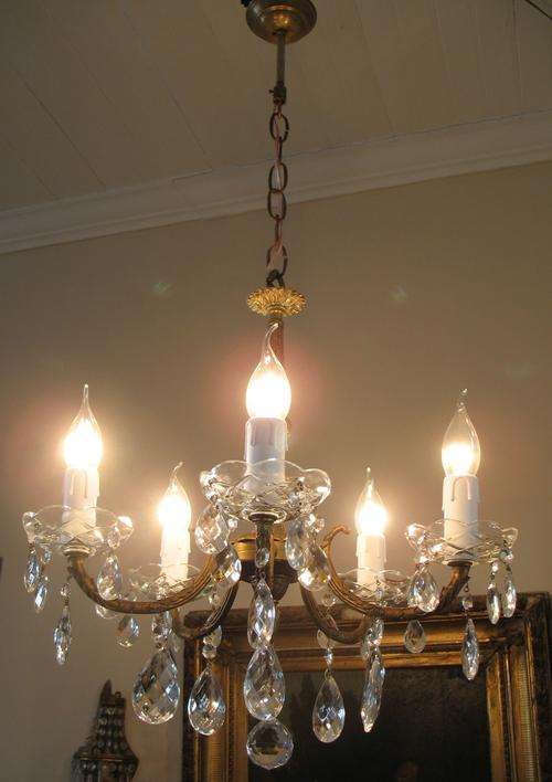 Vintage french brass and crystal five light chandelier
