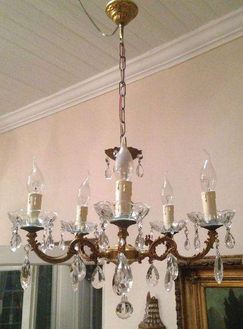 Vintage French brass and crystal glass chandelier