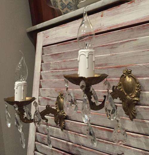 Vintage French pair brass and crystal glass wall sconces / chandeliers