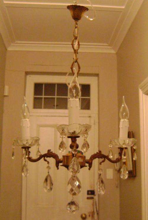 vintage three light chandelier dripping with crystals