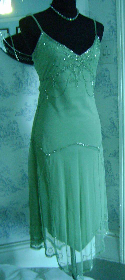 New vintage-style pale green lined mesh dress hand beaded size 10