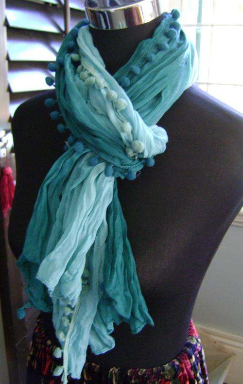 Vintage style dip-dyed crinkle cotton scarf with funky baubles
