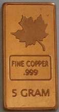 5 Gram Fine Copper Bullion Bar .999 Purity Maple Series ***NEW***