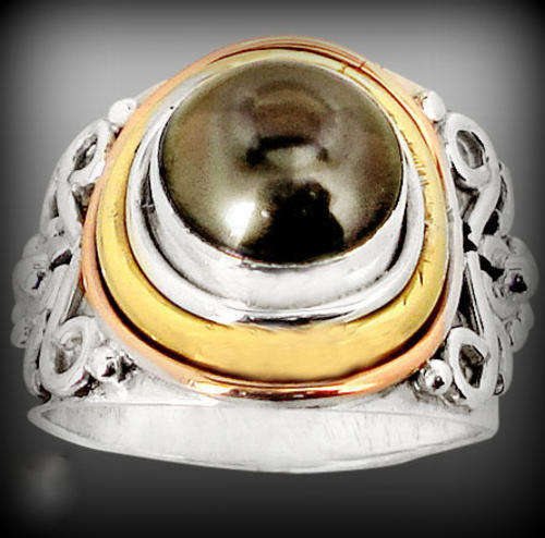 STUNNING! TITANIUM PEARL RING in SOLID 925 STERLING SILVER. SIZE 8 1/2.