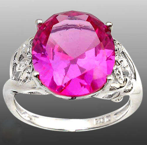 EXQUISITE PINK FAUX RUBY & WHITE TOPAZ COCKTAIL RING in SOLID 925 SILVER. Size 7