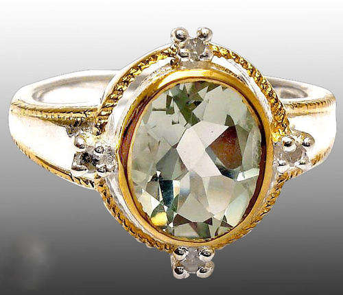 Exquisite! GENUINE DIAMONDS  & GREEN AMETHYST RING in 925 STERLING SILVER & 18k GOLD. Size 7
