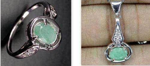 NATURAL EMERALD & CZ RING & PENDANT SET (see description for details) IN 925 SILVER.  RING SIZE 7.
