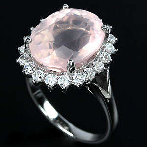 GORGEOUS ! NATURAL PINK QUARTZ & WHITE SAPPHIRES in SOLID 925 STERLING SILVER. Size 6 3/4 (M-N)
