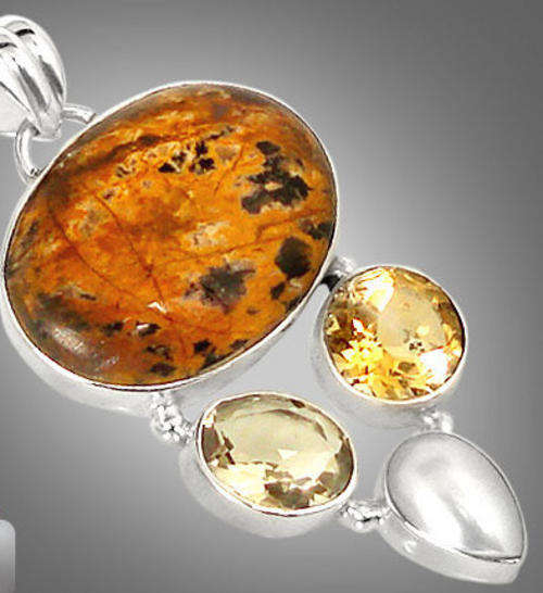 GORGEOUS LEOPARD JASPER,CITRINE,PEARL,GREEN AMETHYST PENDANT in SOLID 925 SILVER.