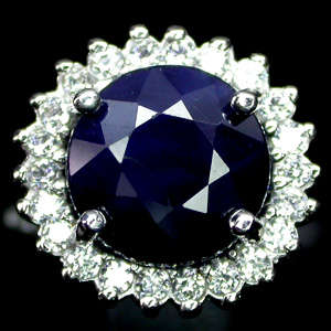 SIZE 6.5 SAPPHIRE (NATURAL) & CUBIC ZIRCONIA in Solid 925 SILVER & 14K WHITE GOLD PLATED RING