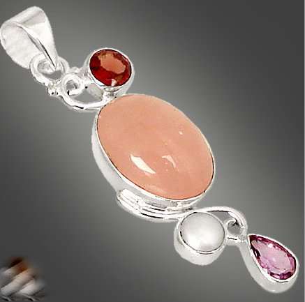 16cts  ROSE QUARTZ OVAL AMETHYST GARNET 925 SILVER ARTISAN PENDANT