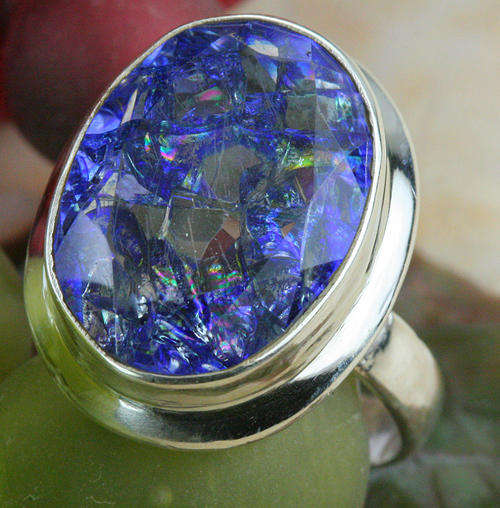 STUNNING BLUE SNAKESKIN QUARTZ IN SOLID 925 STERLING SILVER. SIZE 8.