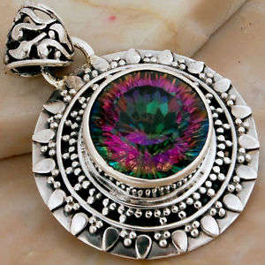 EXQUISITE PENDANT IN SOLID 925 STERLING SILVER WITH MYSTIC TOPAZ. 1 1/2".( Free snake chain )