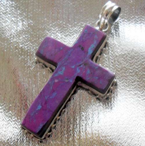 STUNNING  SOLID 925  SILVER CROSS  WITH PURPLE TURQUOISE . 2 1/4 "
