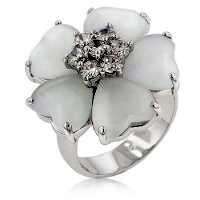 EXQUISITE RING  IN FLORAL DESIGN WITH CATS EYE & CUBIC ZIRCONIUM IN WHITE GOLD RHODIUM PLATE.SIZE 8