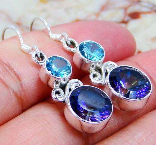 Stunning  MYSTIC TOPAZ & BLUE TOPAZ EARRINGS in 925 STERLING SILVER. 39mm.
