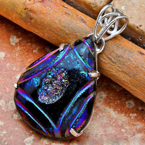 STUNNING TITANIUM DRUZY in SOLID 925 SILVER PENDANT. 1 3/4 "