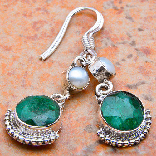 BRAZILIAN EMERALD & PEARL EARRINGS in SOLID 925 SILVER. 1 1/2 "