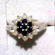 Stunning Genuine OPAL & BLACK SAPPHIRES CLUSTER RING IN SOLID 925 SILVER. British hallmarked. size M