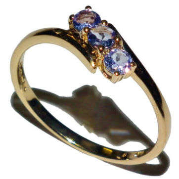 ELEGANCE !!  SOLID 14ct. GOLD RING WITH GENUINE TANZANITES. FULL BRITISH H/M SIZE 8.