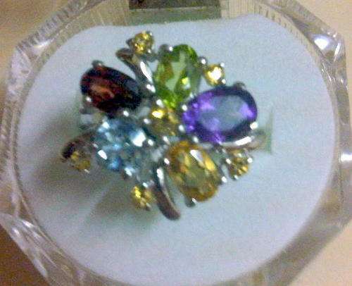 ** REAL GEMS ** SOLID  SILVER DRESS RING WITH  GARNET, AMETHYST, PERODOT, TOPAZ, CITRINE. SIZE 7. N.