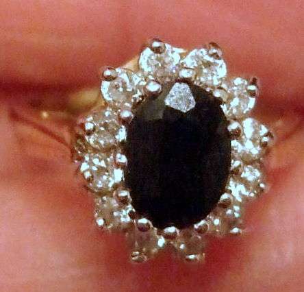 EXQUISITE ENGAGEMENT RING !!!  GOLD ON STERLING SILVER CLUSTER WITH GENUINE SAPPHIRE AND C.Z. SIZE 5