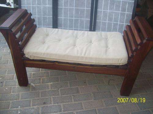 Solid wood bench, nr 1, with new cushions.  1,27 m x 46cm x 70cm High