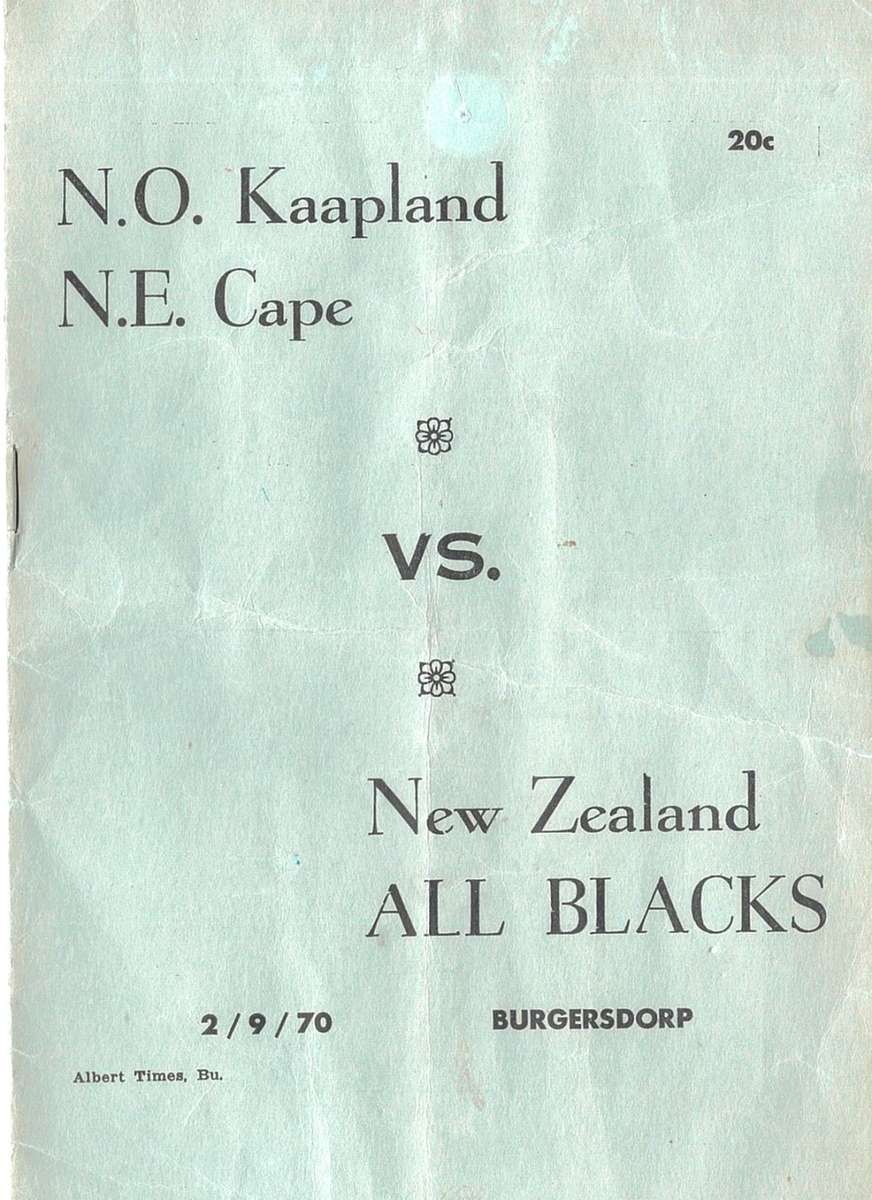 Rugby Programme All Blacks vs North Eastern Cape 1970