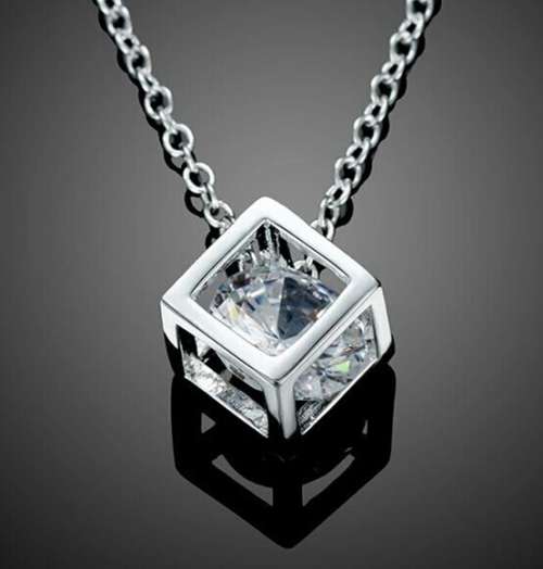LOWEST PRICE! Fashion 925 silver plated cz square pendant & necklace