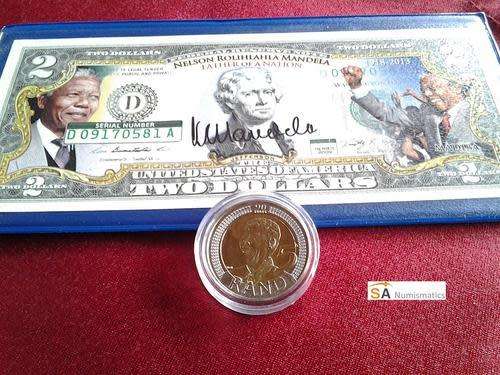 COMBO SET! USA $2 Nelson Mandela Commemorative Bank Note & 2008 UNC R5 Capsulated Coin