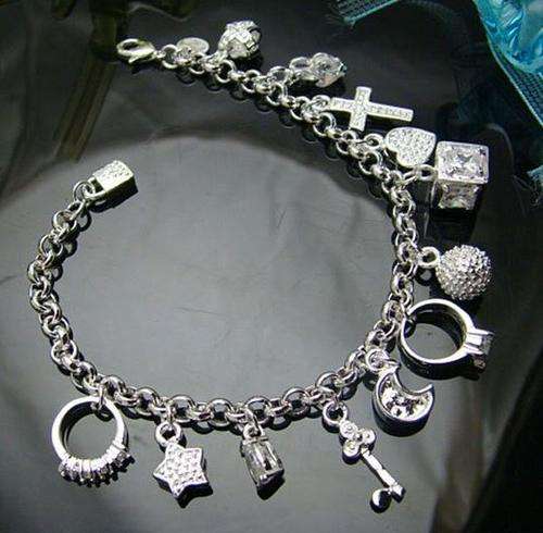 925 STERLING SILVER PLATED CHARM BRACELET WITH 13 CHARMS